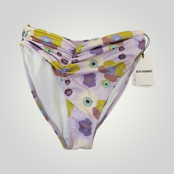 Beth Richards Swim Bottom Womens M Delrey‎ Floral 70s Ruched Side High Waisted - Picture 2 of 10